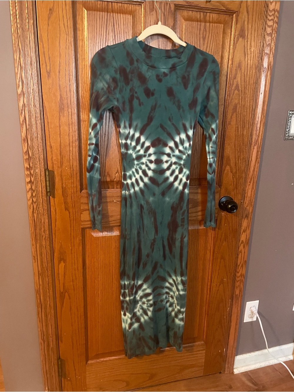 Free People Green and Brown Tie-Dye Long Sleeve Maxi Dress